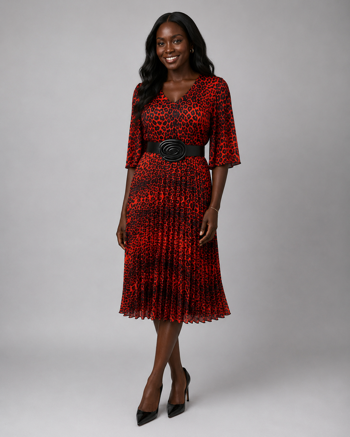 V-neck red and black leopard pleated midi dress