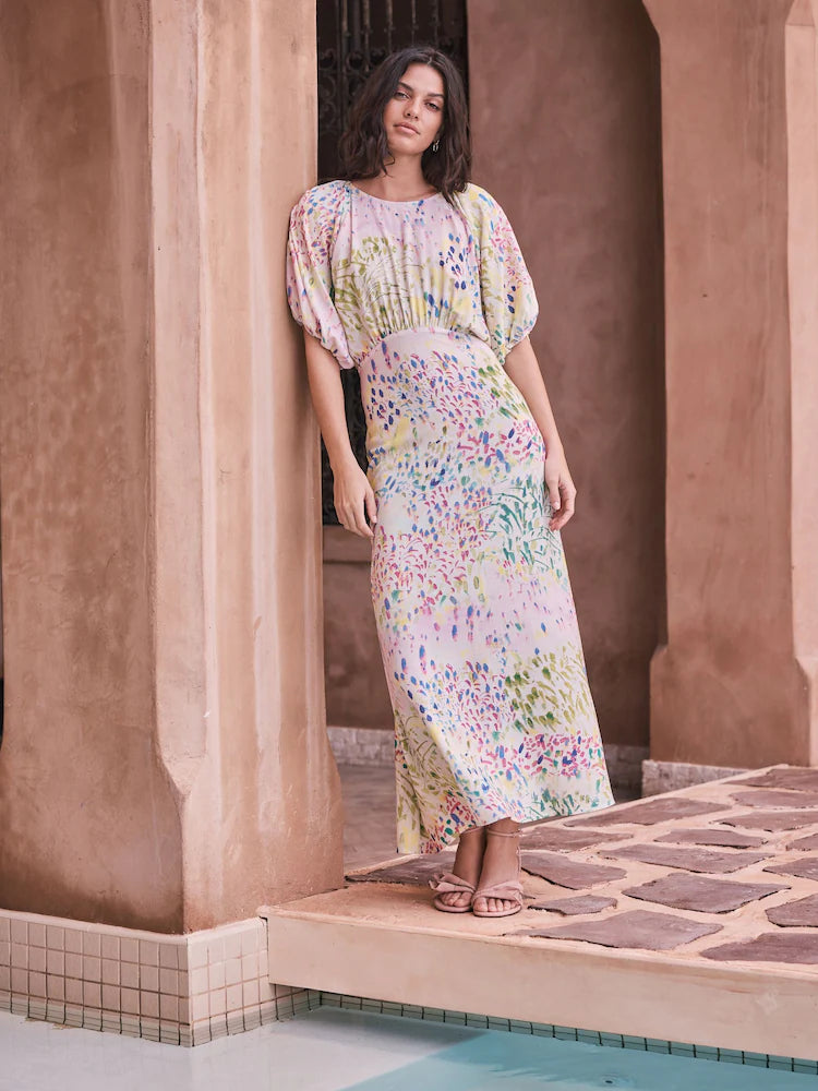 Green/Pink Floral National Trust x Next Puff Sleeve Midi Dress