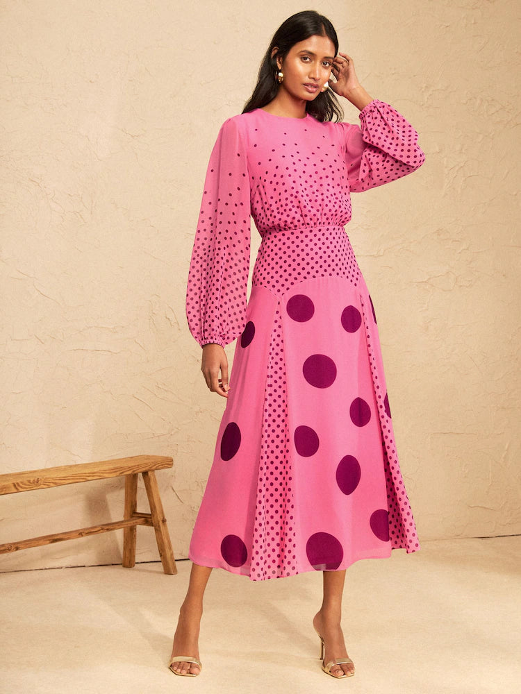 Love & Roses Pink Spot Chiffon Godet Skirt Midi Dress