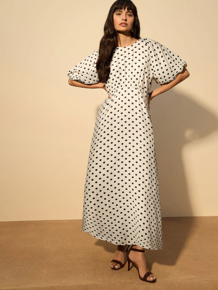 Friends Like These X Lucy Mecklenburgh Polka Dot Navy/White Spot Cold Shoulder Ruffle